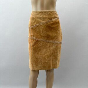 Vintage 90s Leather Suede Pencil Midi Skirt Patch Stitch Design Tan Size 12